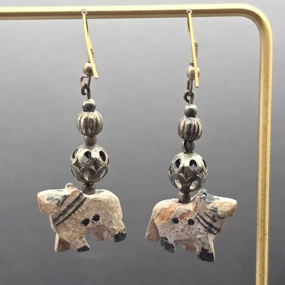VTG Elephant Dangle Earrings 2.25" Carved Wood & Antique-Style Silver Beads - Picture 10 of 11